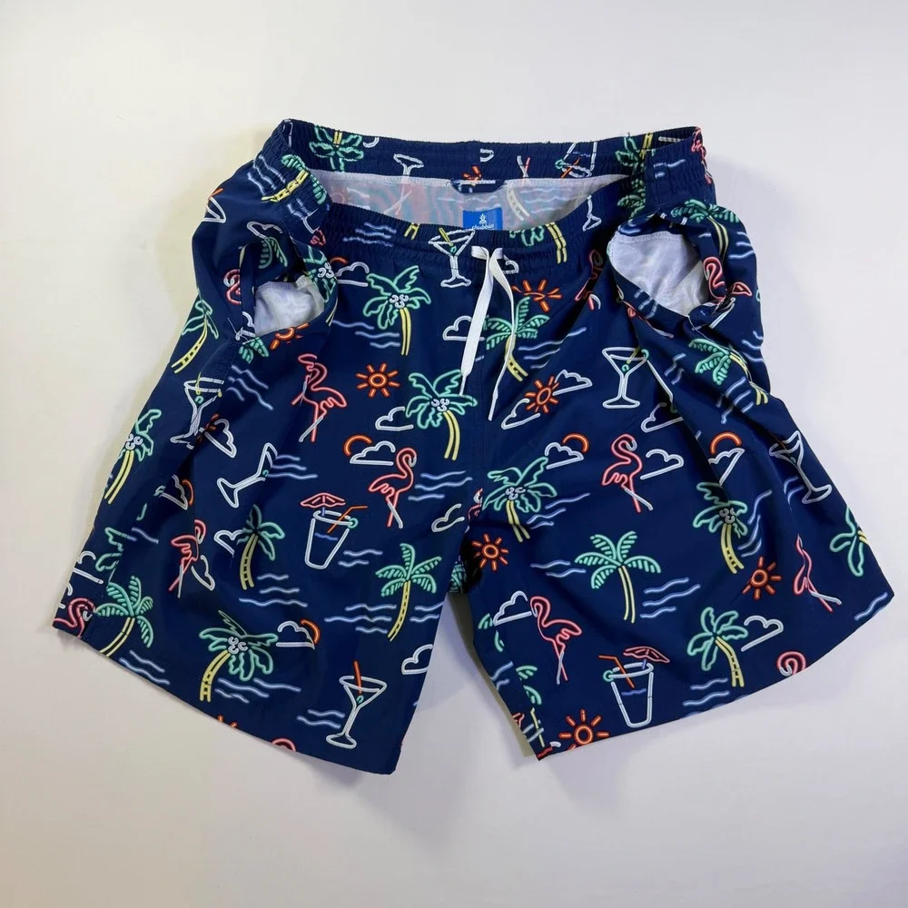 Chubbies Mens Navy Blue Neon Flamingo Palm Tree Print Swim Trunks Mesh Liner 3XL